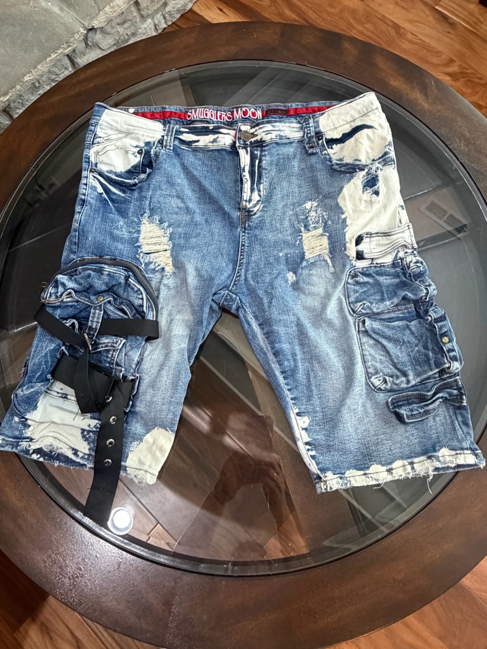 Smugglers Moon men's distressed cargo denim shorts in a size W42